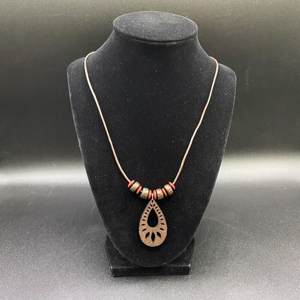 Handmade Cutout Teardrop Necklace with Maroon & Green Beads by Neanie-Bot